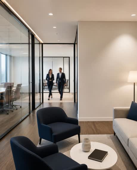Intérieur d'un cabinet de conseil moderne, cloisons vitrées et tons clairs.