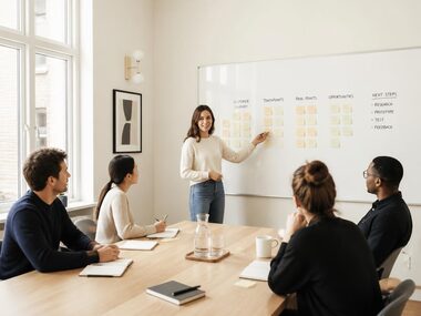 Équipe projet réunie autour d'un planning de programme.